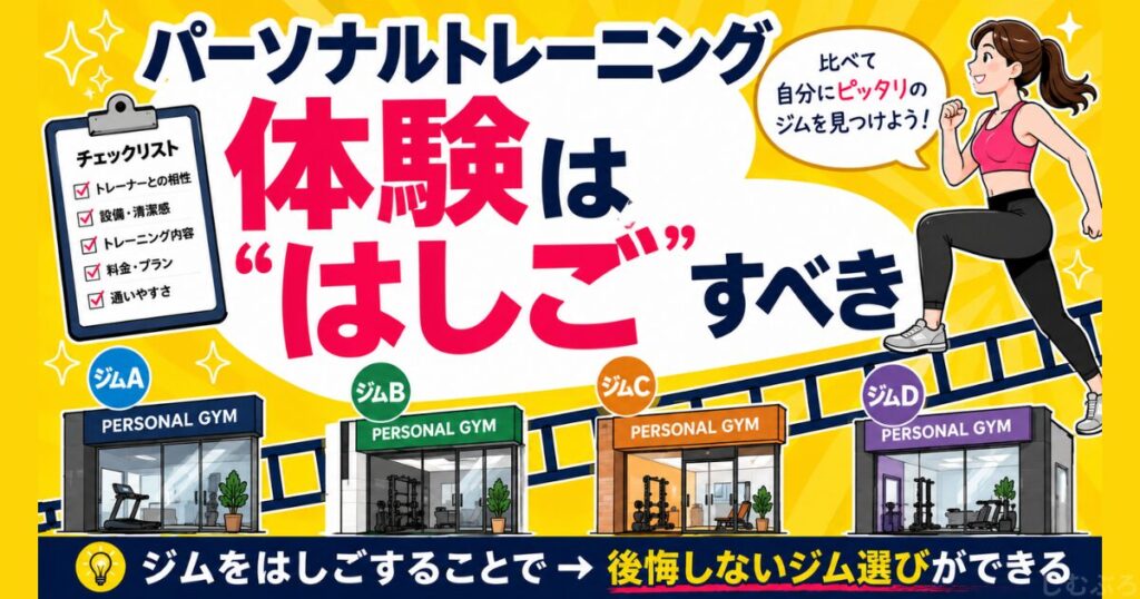 パーソナルトレーニング体験は「はしご」すべき。実際にジムで体験することでわかることがあるから。高額だからこそ失敗しやすい。
